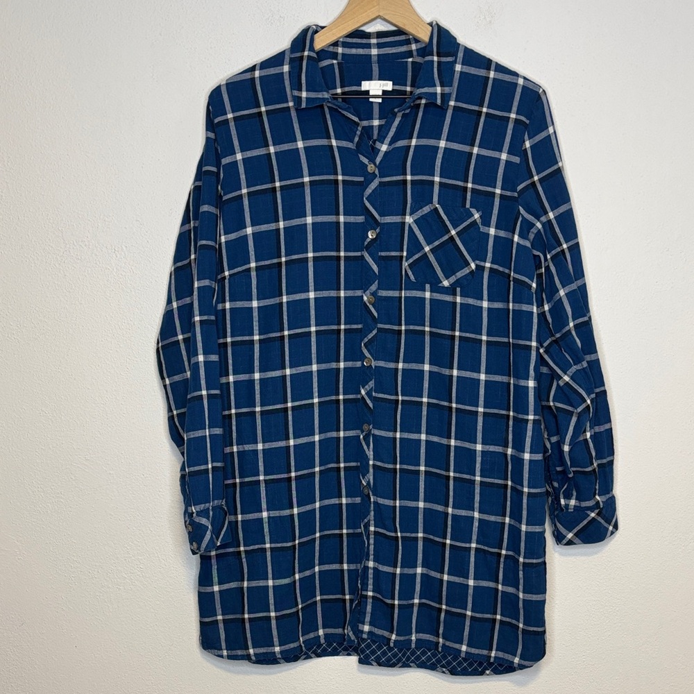 J. Jill Large Navy and White Plaid Casual Tunic Length Shirt